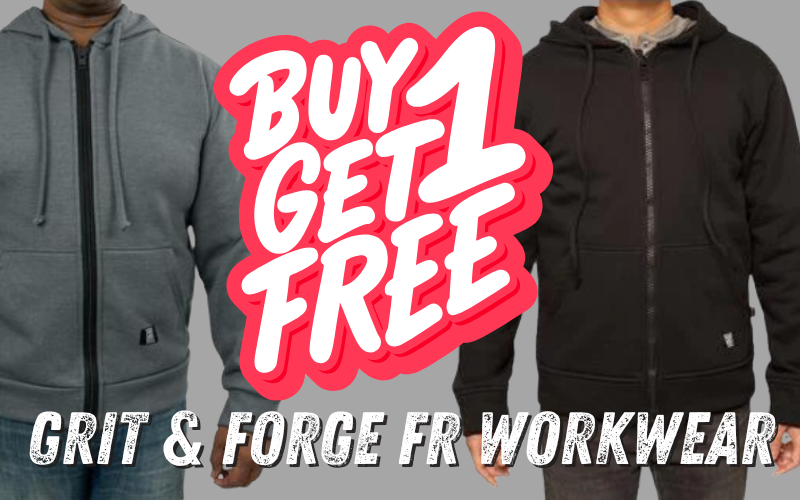 GRIT & Forget FR workwear promotional banner showing Buy One Get One Free text and zip up hoodies.