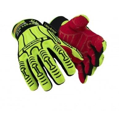 HexArmor hi-vis impact protection safety gloves with red palms on white background.