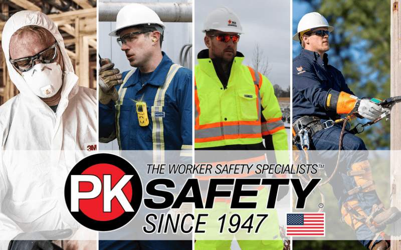 A banner of different workers wearing PPE including respirator, gas monitor, hi-vis workwear, and fall safety. PK logo at the bottom.