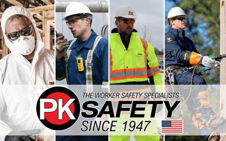 A banner of different workers wearing PPE including respirator, gas monitor, hi-vis workwear, and fall safety. PK logo at the bottom.