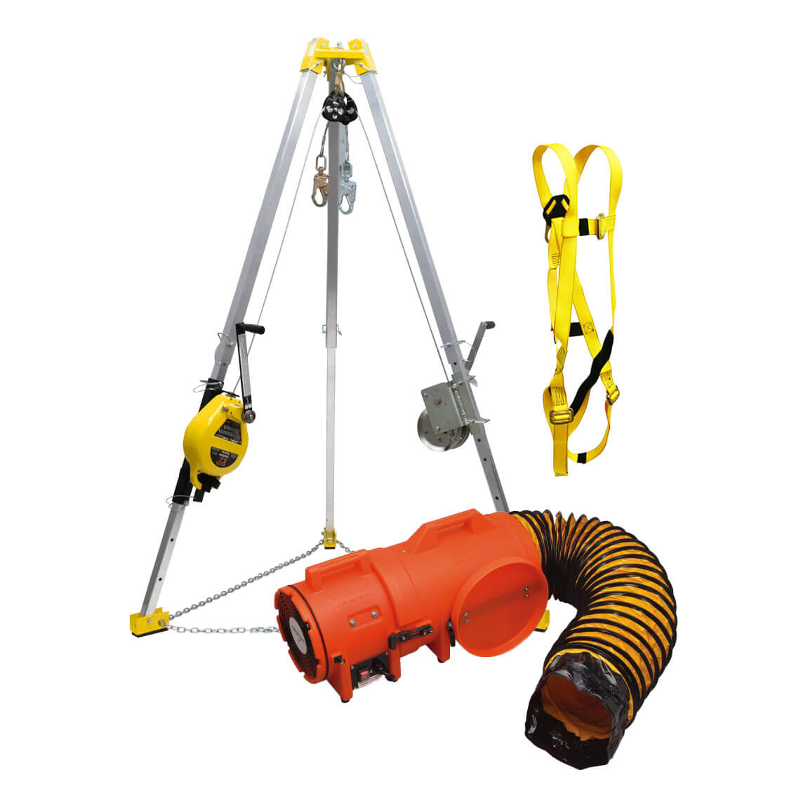 Tripod, yellow harness and orange ventilation for confined space entry and rescue