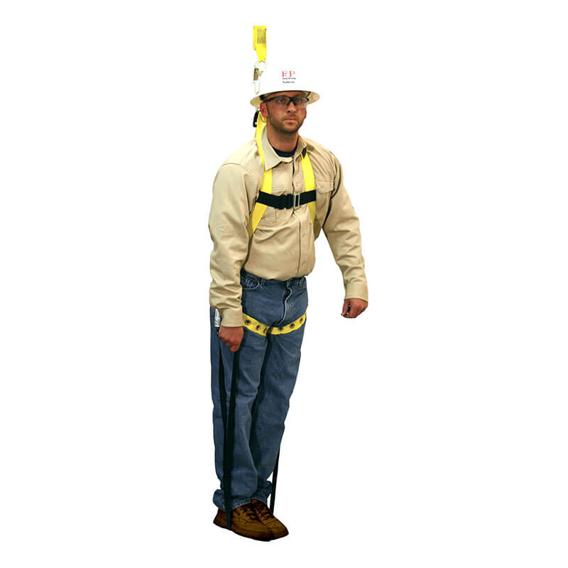 Worker wearing harness and hard hat dangling in the air after a fall with white background. Displays French Creek U-STEP Suspension Trauma Straps
