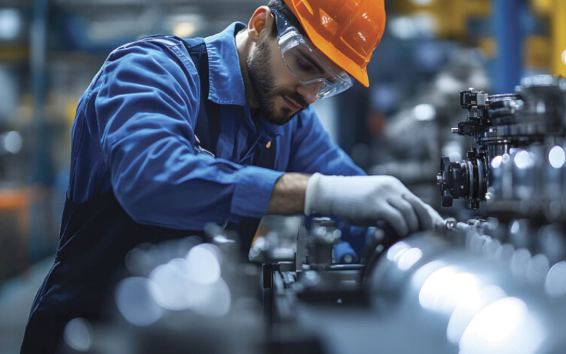 Man working on machine wearing safety gloves.
