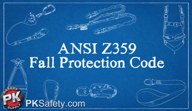 White sketches of harness, SRLs and other fall protection gear on blue background and text reads: ANSI Z359 Fall Protection Code