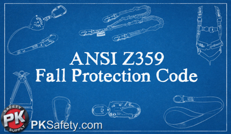 White sketches of harness, SRLs and other fall protection gear on blue background and text reads: ANSI Z359 Fall Protection Code