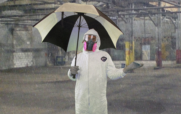 Person wearing hazmat suit and respirator stands inside industrial building holding an umbrella.