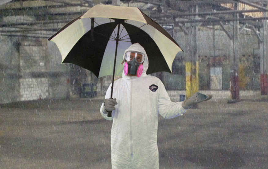 Worker wearing respirator and hazmat suit while standing in industrial facility holding an umbrella.