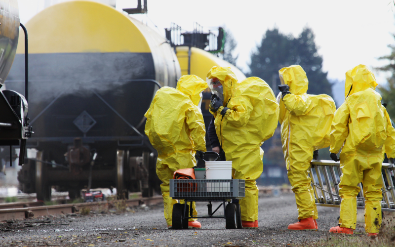 Four people in yellow hazmat suits stand near a rail track, inspecting large tanker cars. They appear focused and serious, suggesting an emergency response.