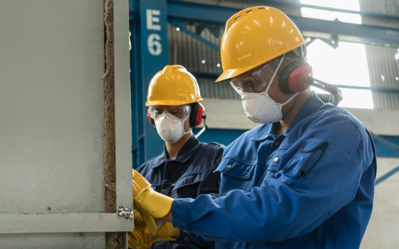 Two workers in blue uniforms and helmets operate machinery indoors. They wear masks and earmuffs, focusing intently on their task. Industrial setting.