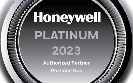 Silver and black circular seal with the text: "Honeywell Platinum 2023, Authorized Partner, Portable Gas." Bold, professional appearance.