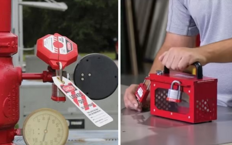 Two images showing lockout devices: Left, a red lock secures a valve with a warning tag. Right, a person locks a red lockbox on a table, conveying safety.
