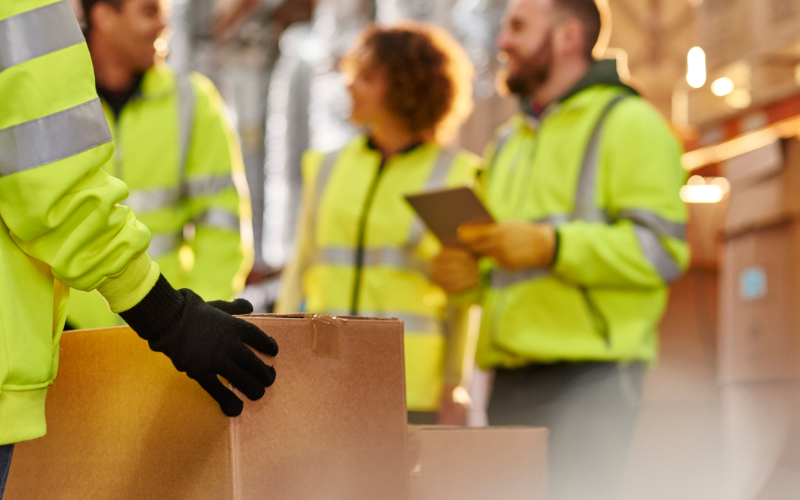 Workers wearing gloves while handling packages to be delivered.