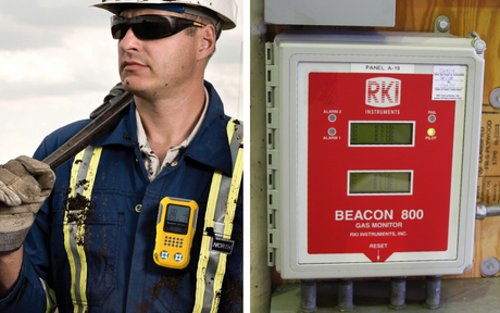 A worker in safety gear holds a tool, wearing a yellow gas detector. Beside him is a red Beacon 800 gas monitor panel with digital screens and buttons.
