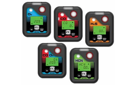 Five square RKI gas detectors are displayed, each with a small screen showing readings. Colors include blue, red, and orange, indicating different gases.