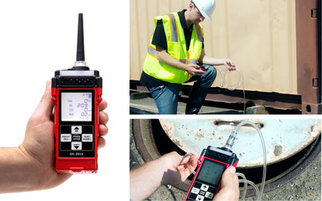 A hand holds a red portable gas detector. A worker in a safety vest uses it outside, checking equipment. The scene conveys safety and vigilance.