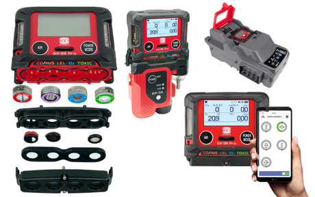 Digital gas detectors with screens showing readings, various color-coded components, a device dock, and a hand holding a smartphone app for monitoring.