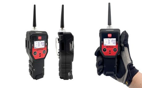 Three views of a handheld gas detector with a digital display and buttons. Black and red design, an antenna on top, held in a gloved hand.
