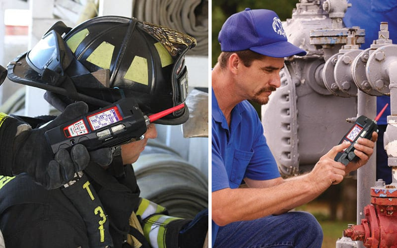 A firefighter and a worker each use a handheld gas detector; the firefighter is in full gear indoors, while the worker, in a blue cap and shirt, checks equipment outdoors.
