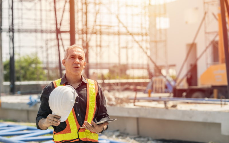 Tired, fatigued worker wearing high vest in a construction site.