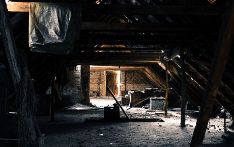 Dimly lit, dusty attic with wooden beams and scattered debris. Sunlight filters through a half-open door, creating a mysterious, abandoned atmosphere.