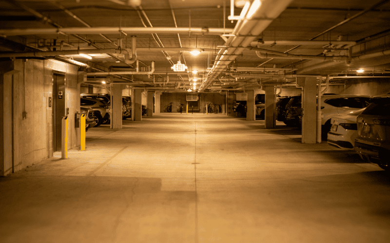 Dimly lit parking garage