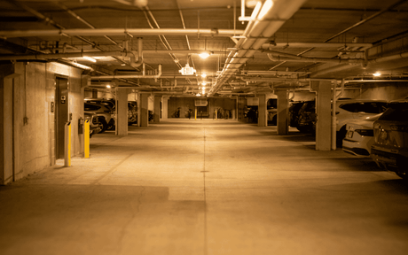 Dimly lit parking garage