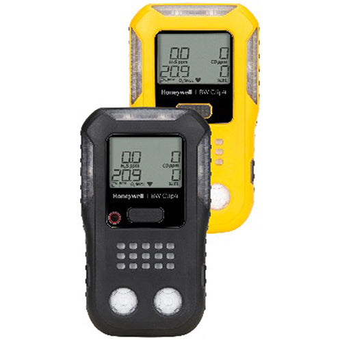 An image of a black BW Clip4 gas monitor on top of a yellow BW Clip4 gas monitor