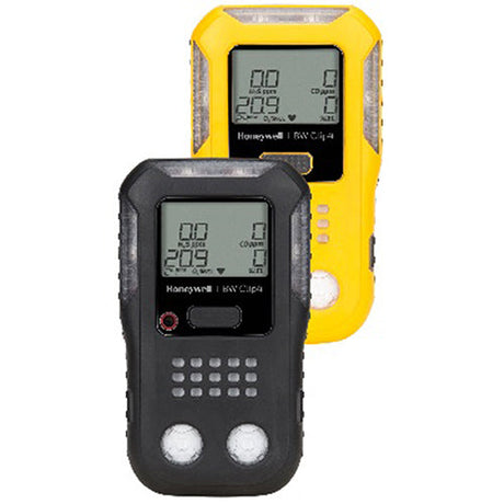 An image of a black BW Clip4 gas monitor on top of a yellow BW Clip4 gas monitor