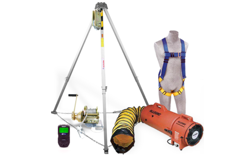 Tripod, harness, ventilation, and gas monitor grouped together with white background.