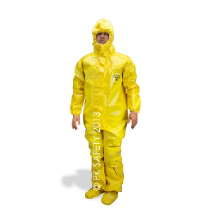 Person wearing yellow hazmat suit with white background.