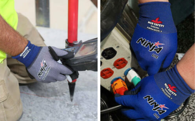 Close-up of hands wearing blue safety gloves labeled "Ninja," using tools on a construction site. Right image shows adjusting colorful knobs. Safe, focused work.