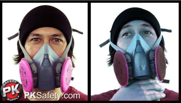 Split screen of man wearing respirator. One side he looks fine, the other he is griping throat with a blue tint on his skin.