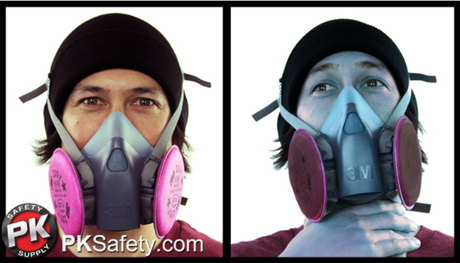 Split screen of man wearing respirator. One side he looks fine, the other he is griping throat with a blue tint on his skin.