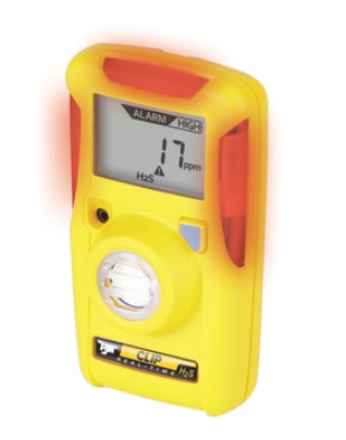 BW Hydrogen Sulfide gas detector with flashing lights on white background