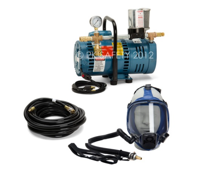 Air pump and respirator on display head on white background.