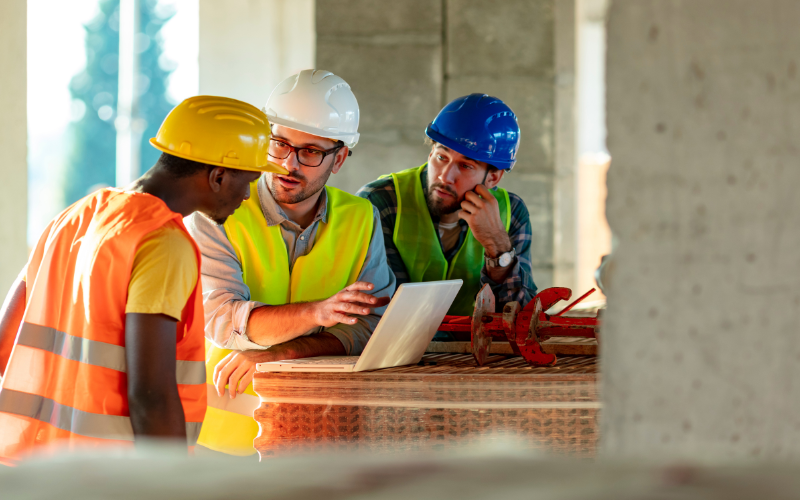 Three construction workers in hard hats and safety vests gather around a table with a laptop, engaged in a focused discussion at a building site.