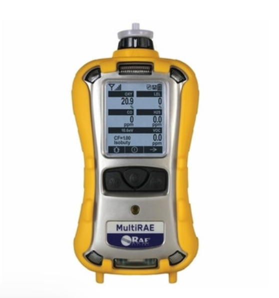 Yellow MultiRAE gas detector on white background