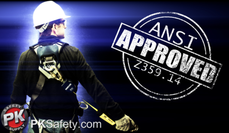 Back of worker who is wearing hard hat and harness. Stamp graphic reads: ANSI APPROVED Z359.14