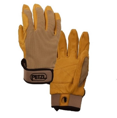 Brown Petzl safety gloves with white background.