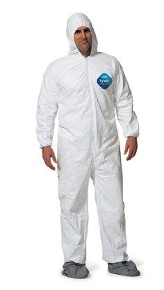 Man wearing white Tyvek hazmat suit by DuPont on white background