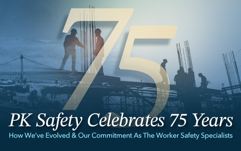 Silhouetted construction workers on a site with large '75' overlay. Text reads: 'PK Safety Celebrates 75 Years' and mentions commitment to safety.