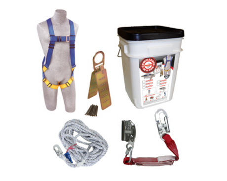 Collection of fall protection PPE including harness on model, rope, lanyard, and bucket. 
