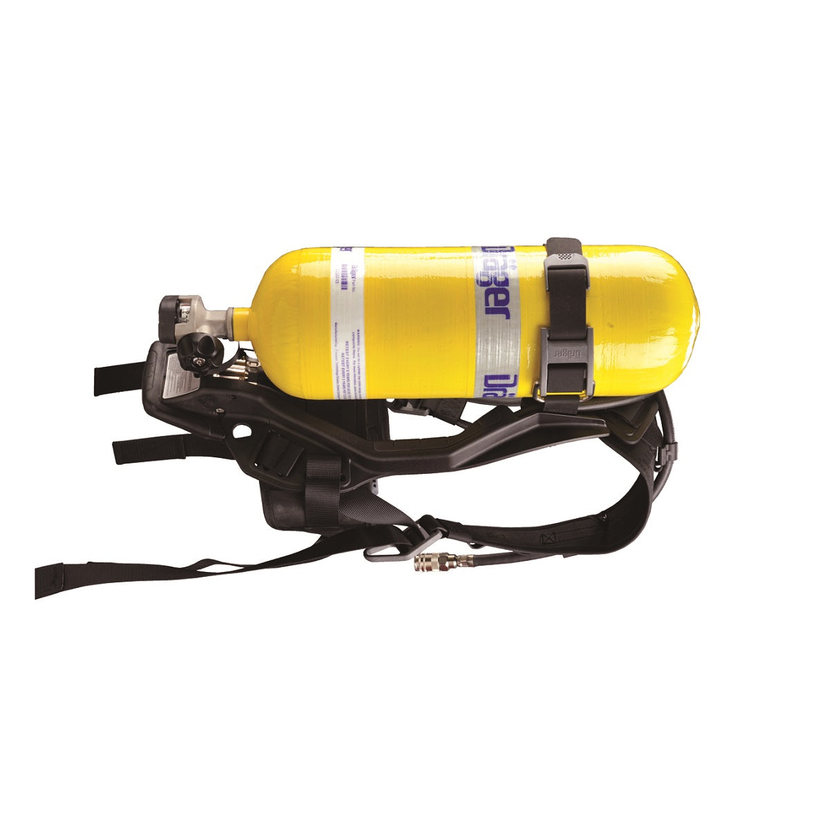 SCBA system includes yellow tank with white background.