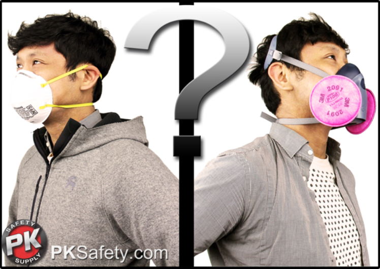 Split screen with question mark in the middle. One may wears a dust mask, another wears an half-mask respirator.
