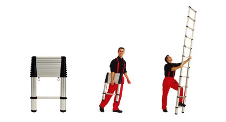 3 displays showing the ore Telesteps Telescopic Ladders: One closed, another being held by a man, and a third of the ladder extended.