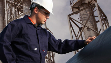 Worker with hard hat and FR clothing at an outdoor facility