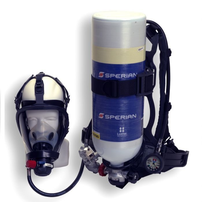 Sperian SCBA respirator displayed on a model head.