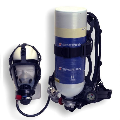 Sperian SCBA respirator displayed on a model head.