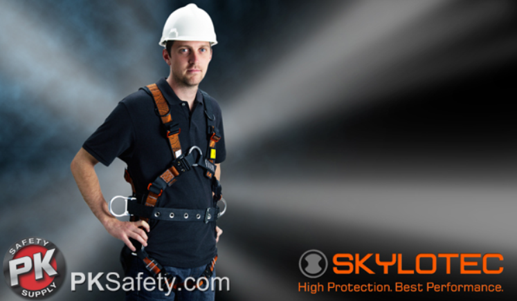 Man wearing harness with text that reads: Skylotec High Protection Best Performance