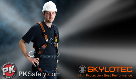 Man wearing harness with text that reads: Skylotec High Protection Best Performance